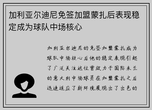加利亚尔迪尼免签加盟蒙扎后表现稳定成为球队中场核心 加利亚尔迪尼免签加盟蒙扎后表现稳定成为球队中场核心